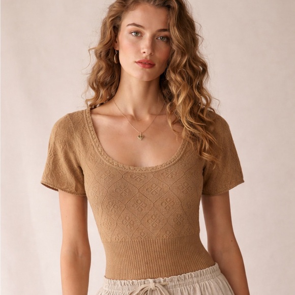 Vintage Tops - 🌹FREE w/purchase Vintage wool Tan Knit Blouse sweater lace trim